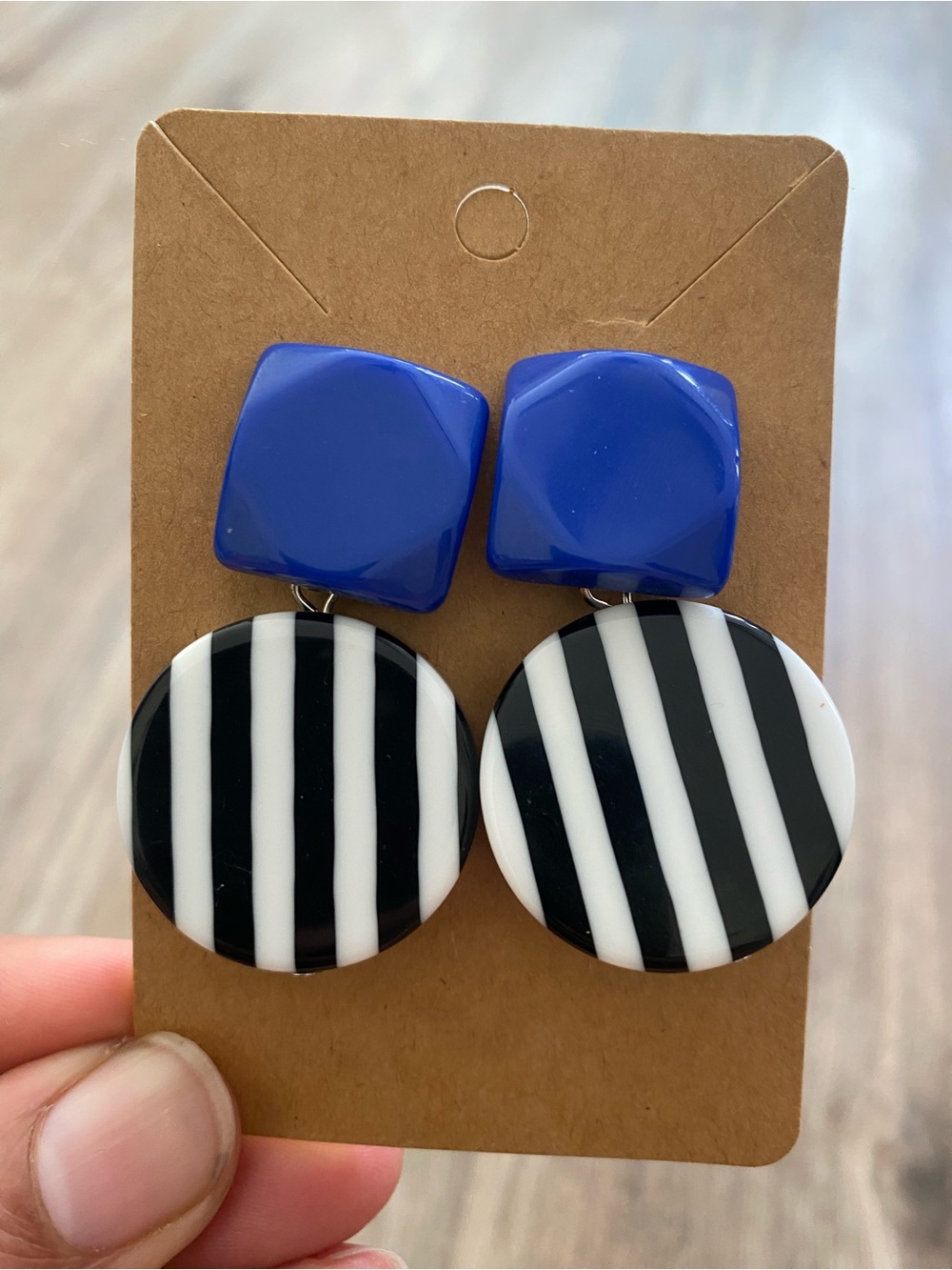 Bold Blue and Black & White Striped Acrylic Drop Earrings